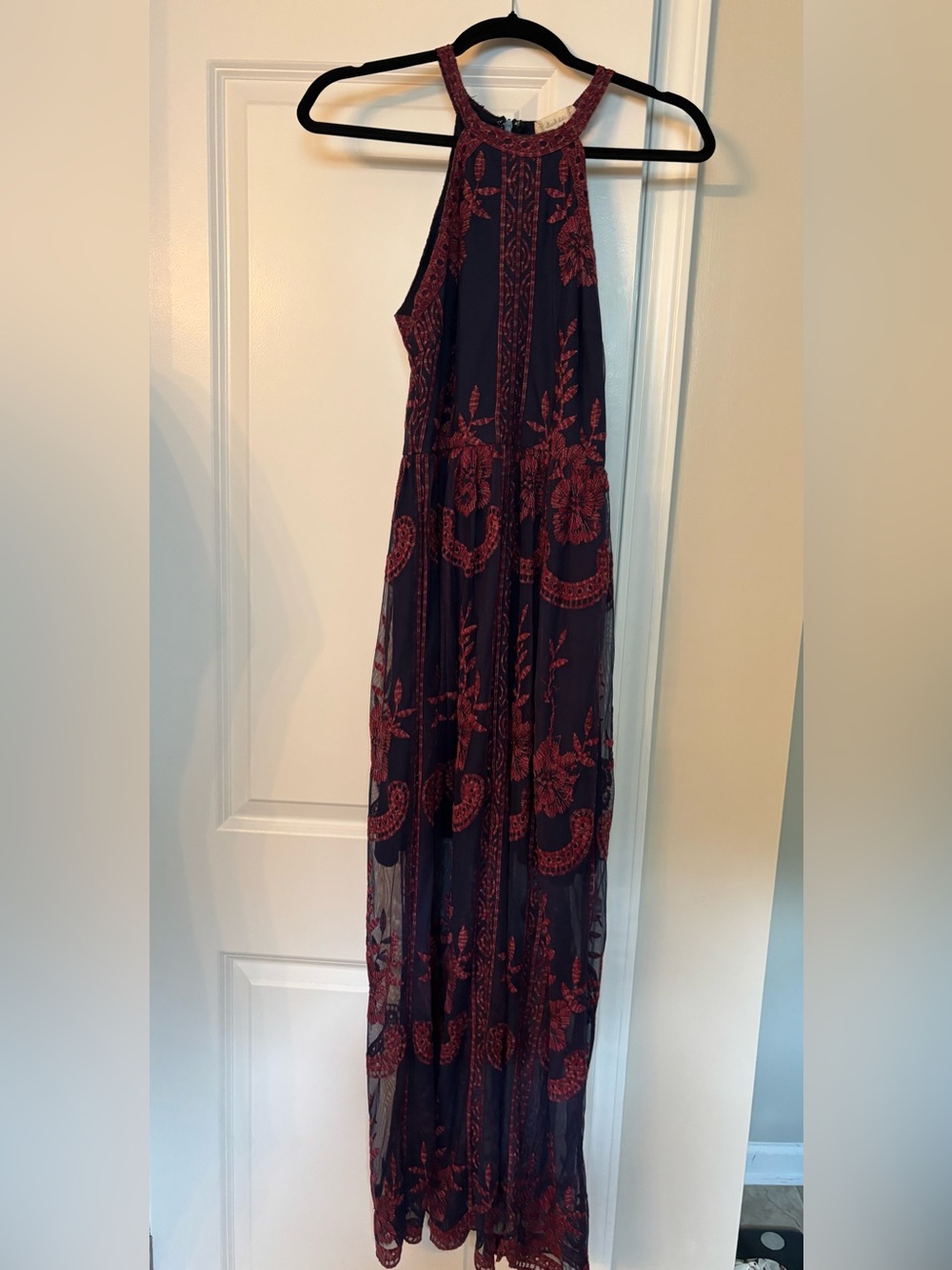Altar’d State Embroidered Mesh Halter Maxi Dress - Navy & Burgundy Size Small